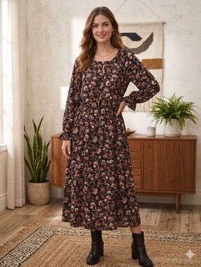 puff sleeve long dress for women Puff Sleeve PInk & Brown Floral Maxi Dress Large main image 1